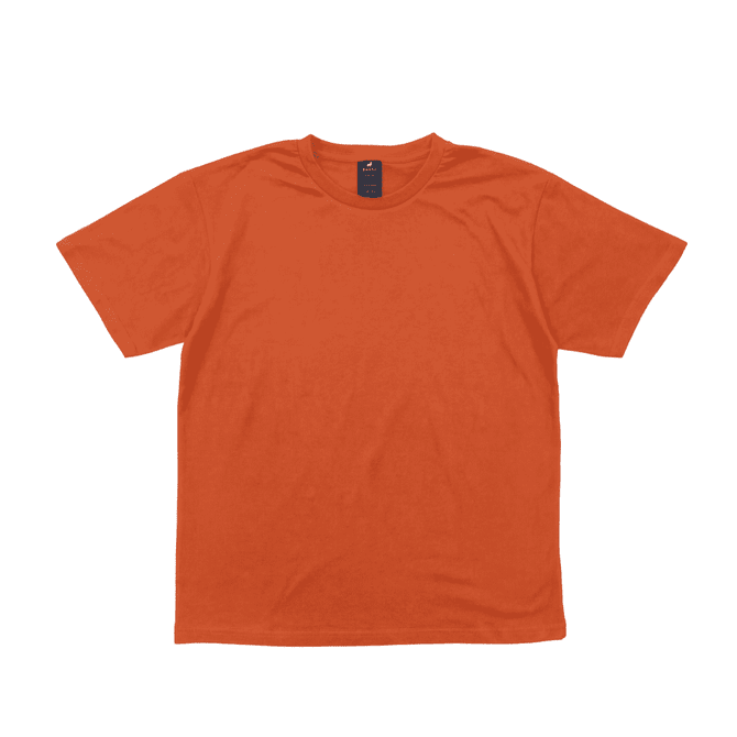 An orange short-sleeved t-shirt with a label inside and a plain design.
