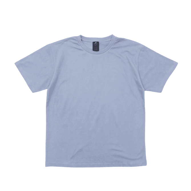 A light blue T-shirt with a round neckline and a small logo on the tag.