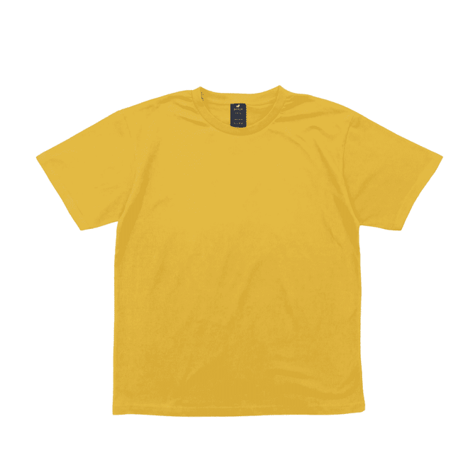 A yellow surf tee with a crew neck and short sleeves, featuring a logo on the label.