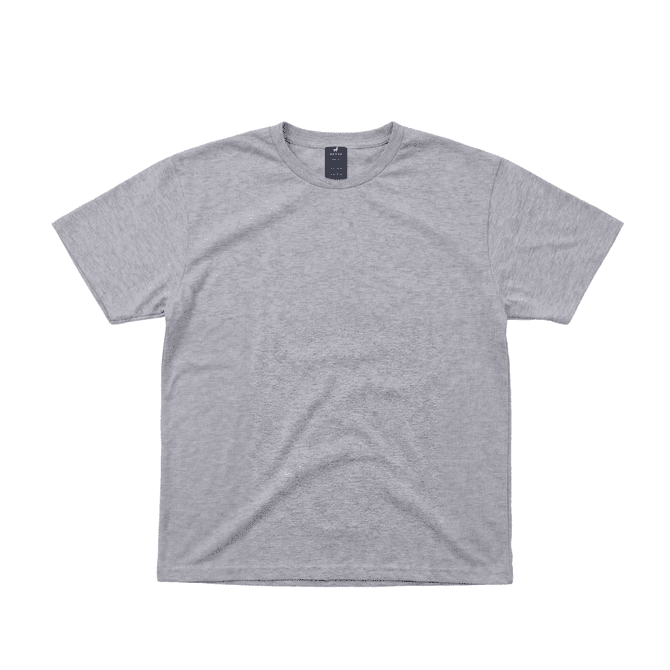 A grey t-shirt with a round neckline, short sleeves, and a simple design. It has a label on the inside.