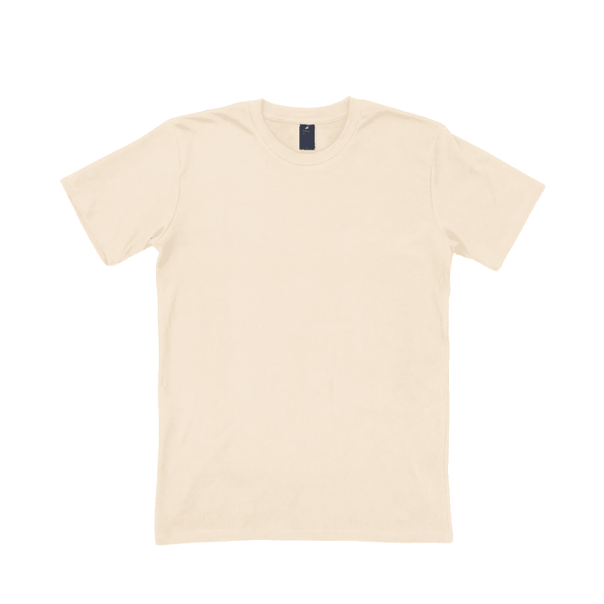 A plain beige t-shirt displayed flat, featuring a label and a simple design.