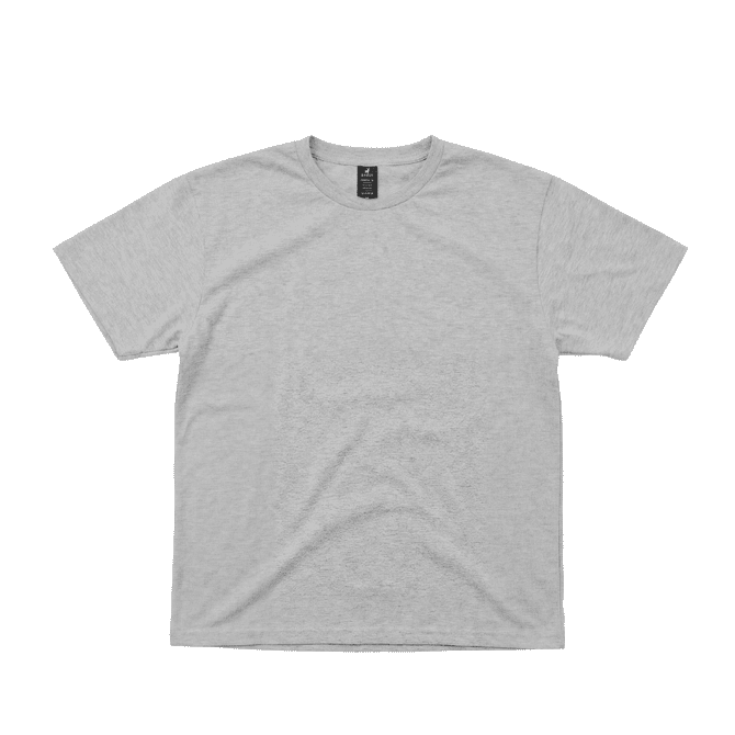 A grey promotional T-shirt with short sleeves and a tag inside the collar, featuring a logo.