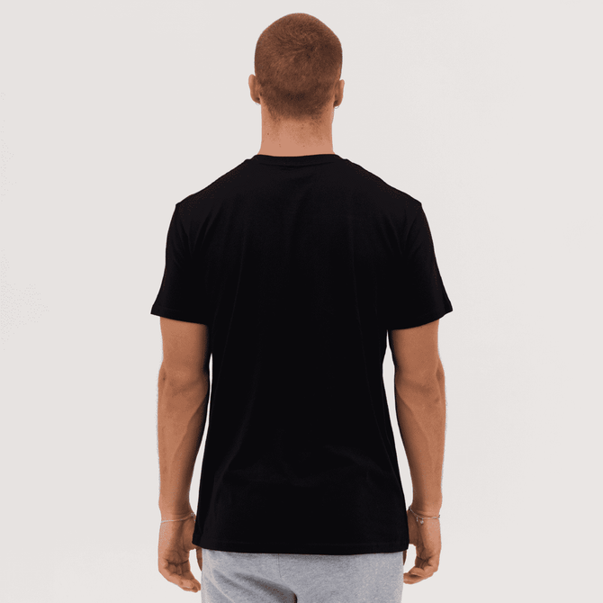 A black T-shirt displayed from the back, featuring short sleeves and a casual fit. It has a logo on the back.