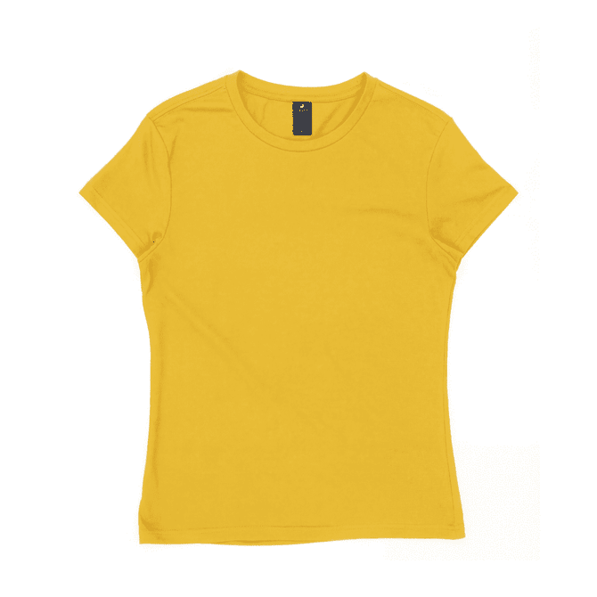 A yellow women's surf essential tee featuring a round neck and short sleeves, with a label inside.
