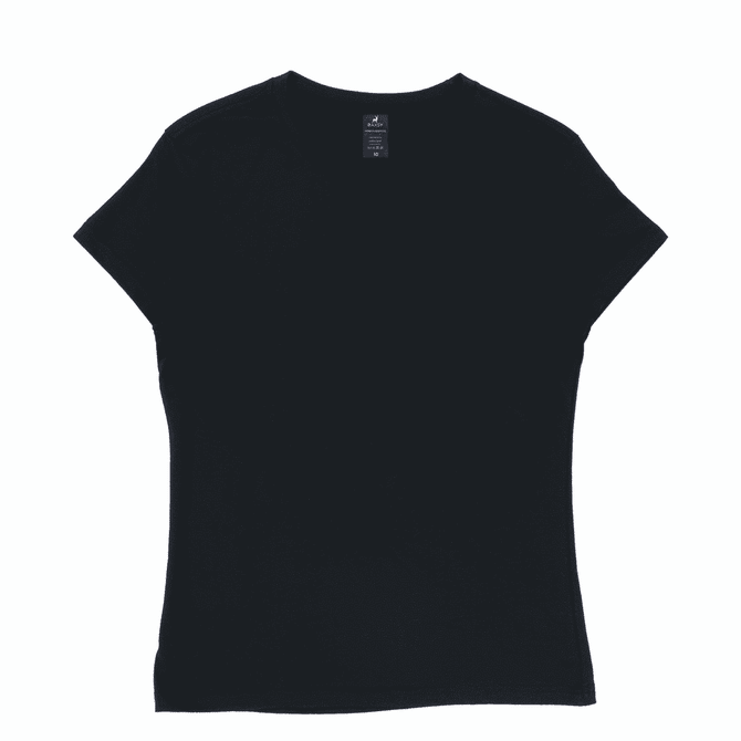 A black women’s essential T-shirt with a simple design and a logo on the label.