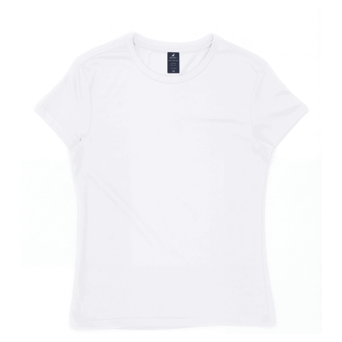 A white women's surf/essential tee shirt with a round neckline and a logo at the neck.