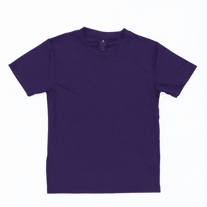 A purple youth core tee with a simple design and a logo on the label.