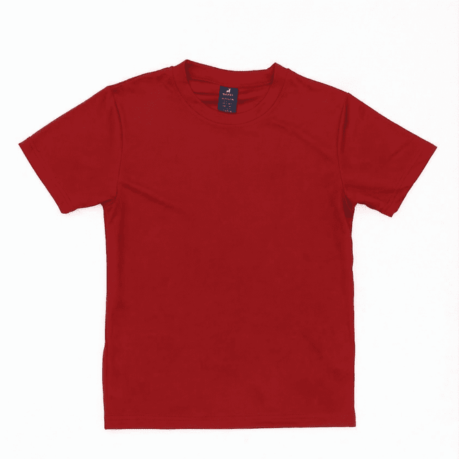 A red youth core tee with a crew neckline and short sleeves. The shirt features a tag inside.
