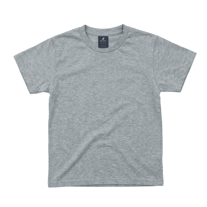 A grey youth essential tee with a crew neck and short sleeves, featuring a label inside the collar.