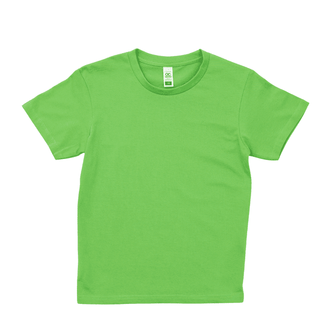 A green youth essential tee featuring a round neck and short sleeves, with a label for branding.