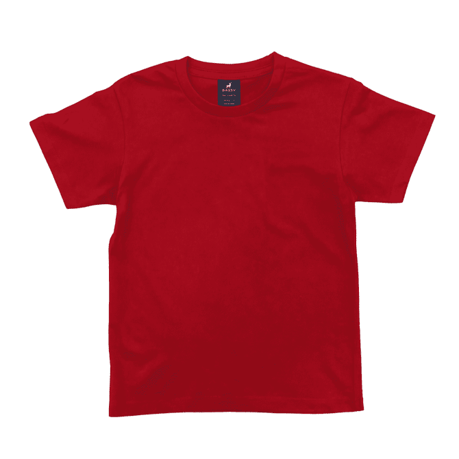 A red youth surf tee with a classic crew neck and short sleeves, featuring a brand logo on the label.