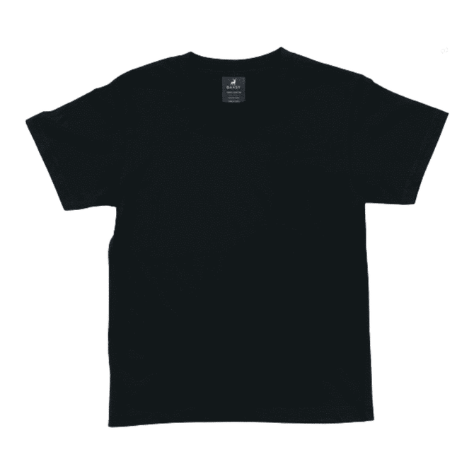 A black t-shirt featuring a simple design and a label on the neckline. It has short sleeves and a classic fit.