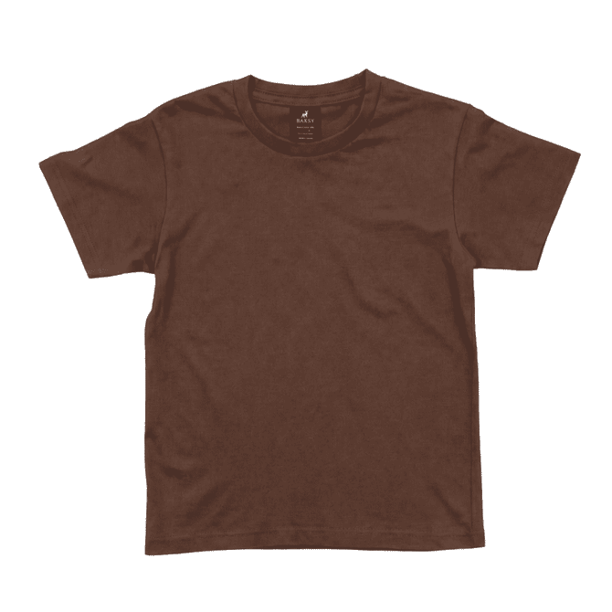 A brown youth T-shirt featuring short sleeves and a round neck design. The shirt has a branding label.