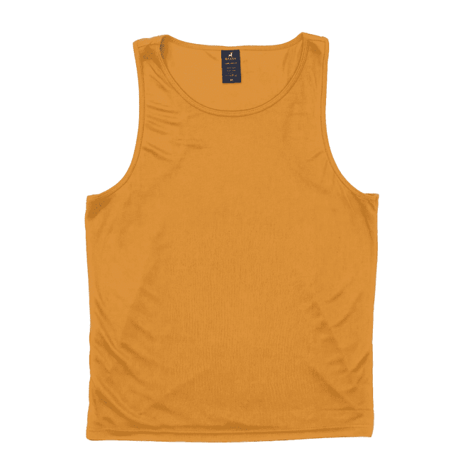 A gold singlet featuring a simple design and a tag with a logo.