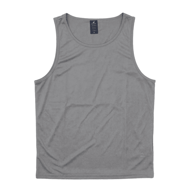 A grey singlet featuring a scoop neck and a brand logo on the label.