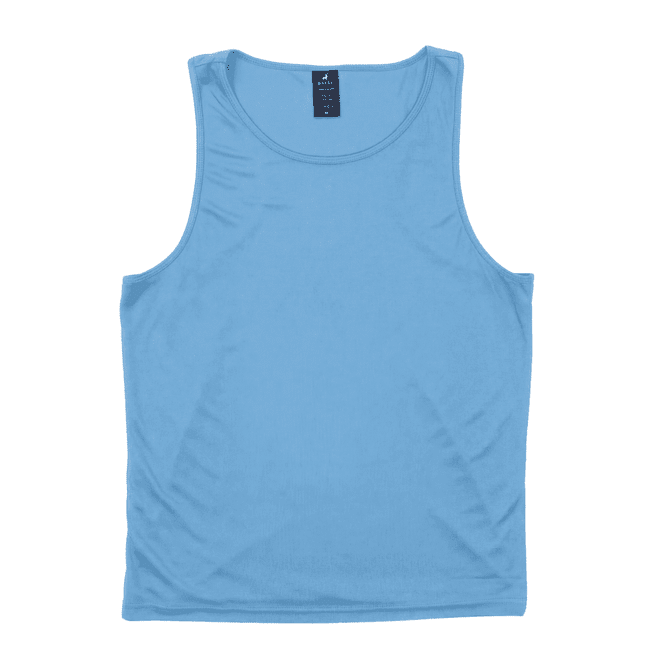 A blue singlet featuring a round neck and a label inside, designed for active wear. It has a branding logo.