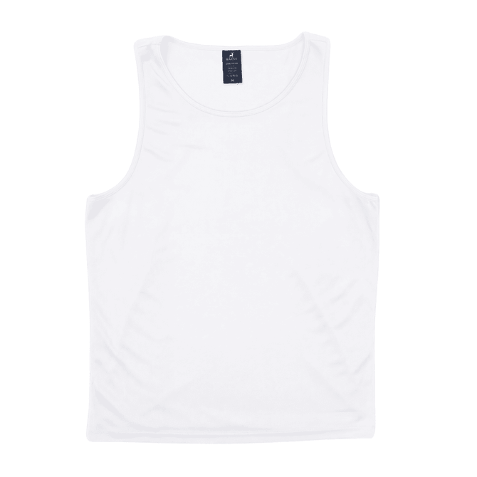 A white singlet with a round neckline and a label at the top. It features no other visible designs or patterns.