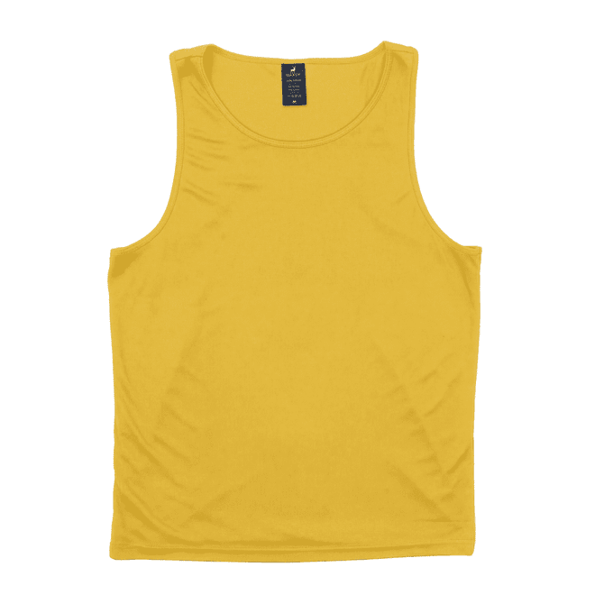 A yellow sleeveless singlet with a branded label at the neckline.