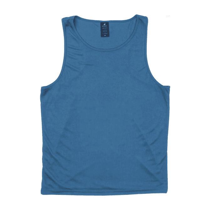 A blue singlet with a smooth texture and a logo on the inside label.