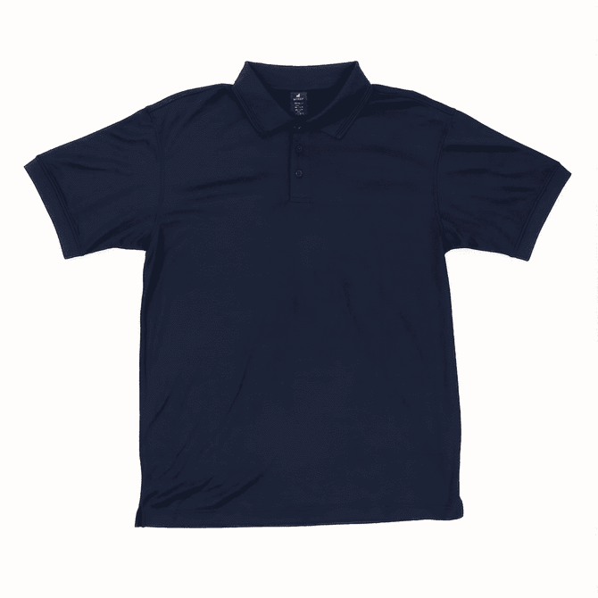 A navy polo shirt featuring a collar, three buttons, and a logo on the chest.