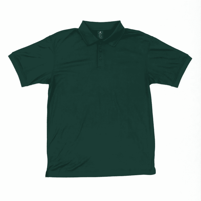 A dark green polo shirt with a collar and short sleeves, featuring a branding logo on the label.