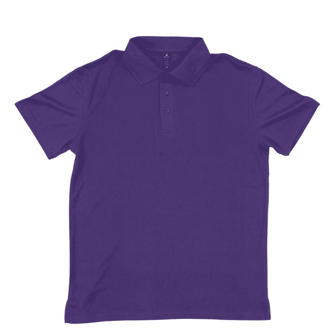 A purple polo shirt with a collar and three buttons, featuring a logo on the chest.