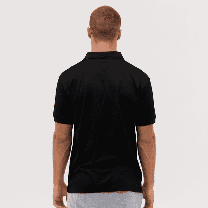 A black polo shirt displayed on a model from the back, featuring short sleeves and a collar.