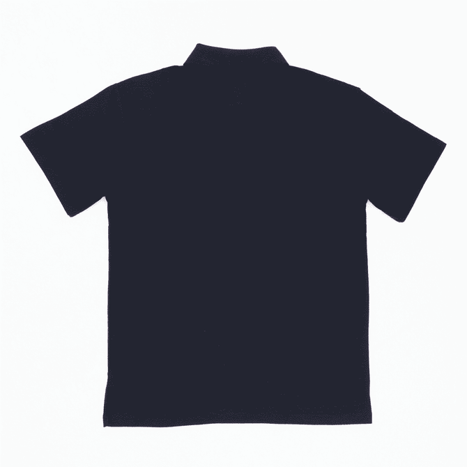 A navy polo shirt featuring a collar and short sleeves, with a logo on the back.