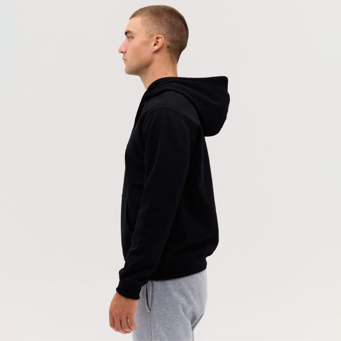 A black hooded sweatshirt displayed on a model, featuring a hood and a simple design.