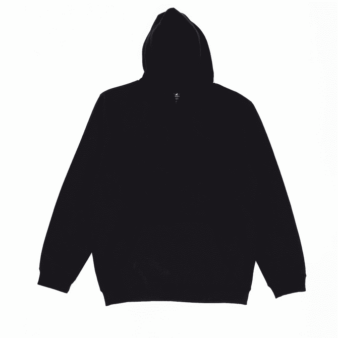 A black hooded sweatshirt featuring a front pocket and drawstring hood. Includes a logo on the garment.