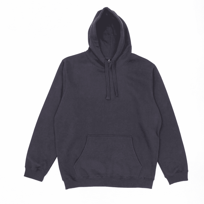 A dark grey hoodie with a front pocket and adjustable drawstring hood. Includes a logo.