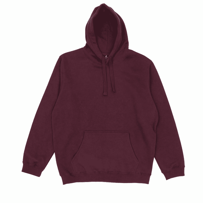 A burgundy hoodie featuring a front pocket and a drawstring hood. The garment has a logo on the front.