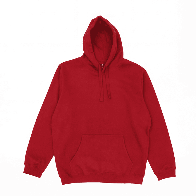 A red hoodie with a front pocket and drawstrings on the hood. It has a simple design and includes a logo.