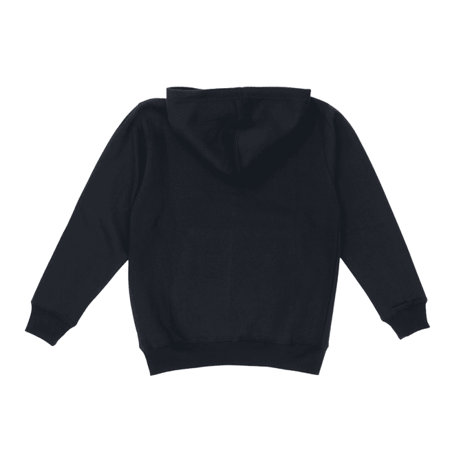 A black youth hoodie with a kangaroo pocket and a drawstring hood, featuring a logo on the front.