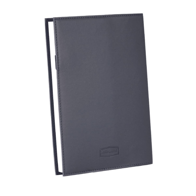 A Mela Apple Leather Refillable Journal in a sleek grey finish, featuring a minimalist design and a branding logo.