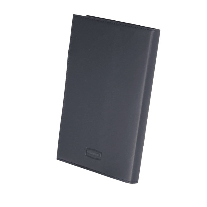 A black leather refillable journal with a smooth finish and a branding logo at the bottom.