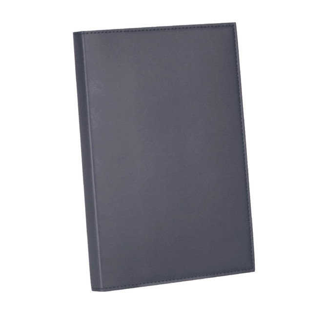 A Mela Apple leather journal in dark grey with a smooth finish and a simple design. It features a logo on the cover.