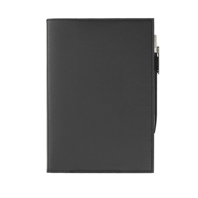 A black leather refillable journal with a sleek design and a silver pen holder on the side, featuring a logo.