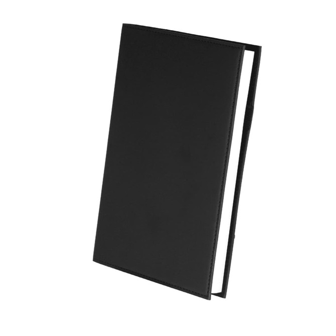 A black refillable journal with a sleek design, featuring a subtle branding on the cover.