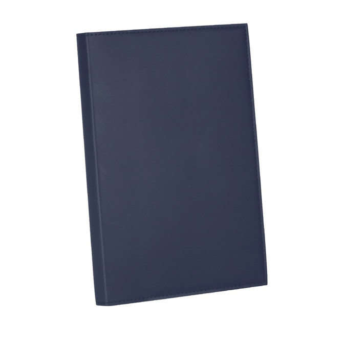 A navy blue leather refillable journal with a smooth finish and a subtle branding logo.