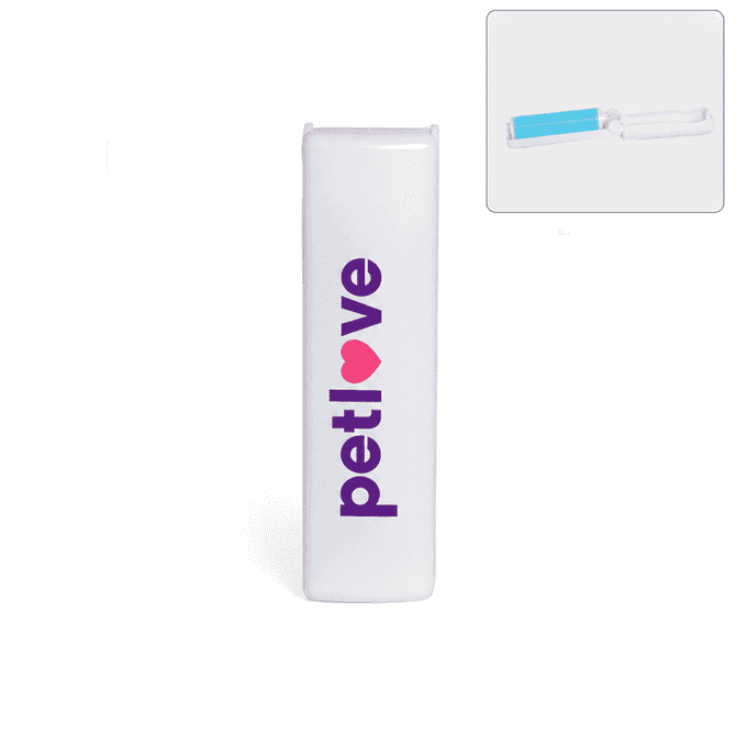 A white lint remover with a blue roller, featuring a branding logo. Ideal for pet hair removal.