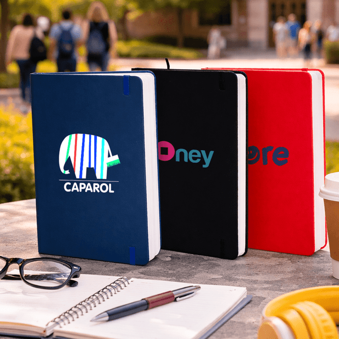 A set of three A5 notebooks in navy, black, and red, placed on a table with a pen and a coffee cup. Each has a logo.