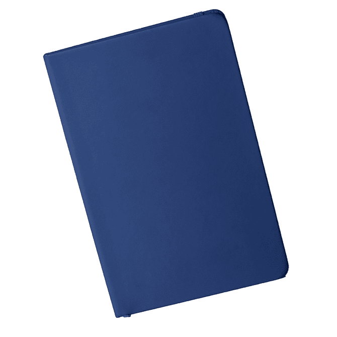 A navy blue A5 notebook with a smooth cover and a simple design. It includes a logo on the front.