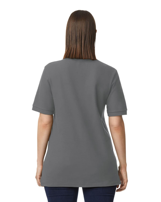 A grey Gildan Hammer Adult Double Pique Polo shirt displayed from the back, featuring short sleeves and a logo.