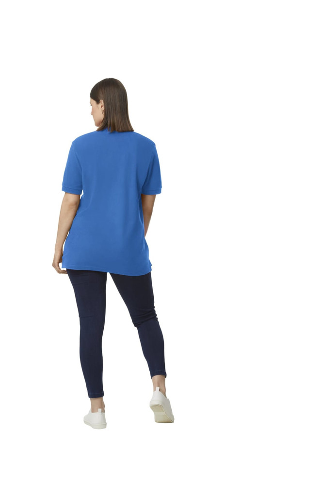 A woman wearing a blue Gildan Hammer Adult Double Pique Polo, paired with navy leggings, viewed from the back.