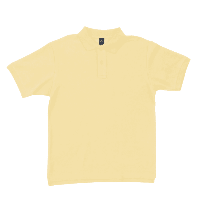 A yellow polo shirt with a collar and a button placket, featuring a logo on the label.