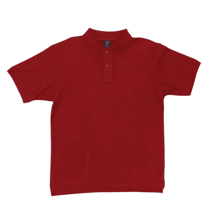 A red polo shirt featuring a collar, short sleeves, and a branded logo.