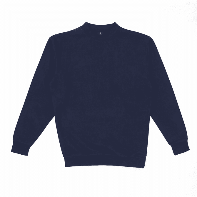 A navy crew sweatshirt with a round neckline and long sleeves. It has ribbed cuffs and hem.