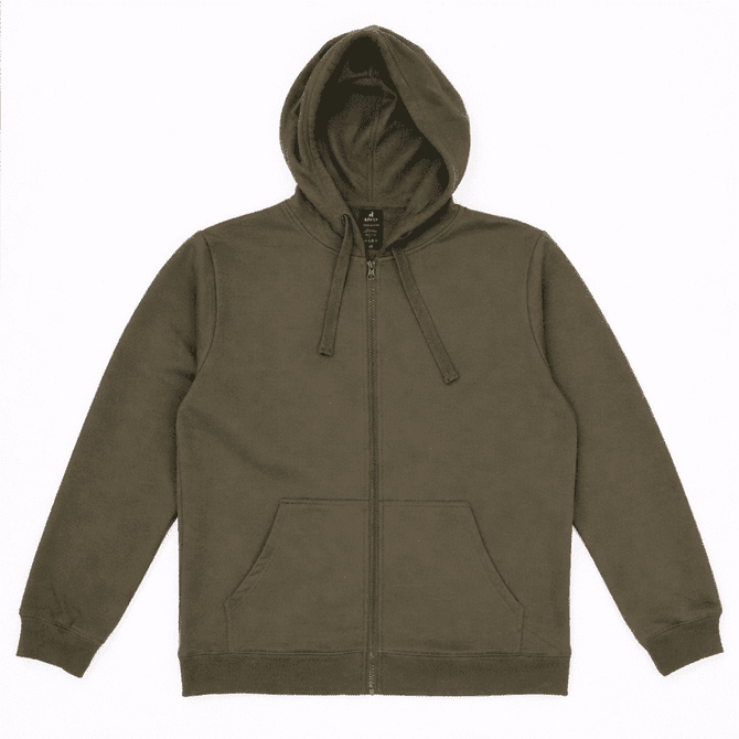 A zip-up hooded sweatshirt in olive green with a front pocket and drawstrings on the hood. It features a logo.