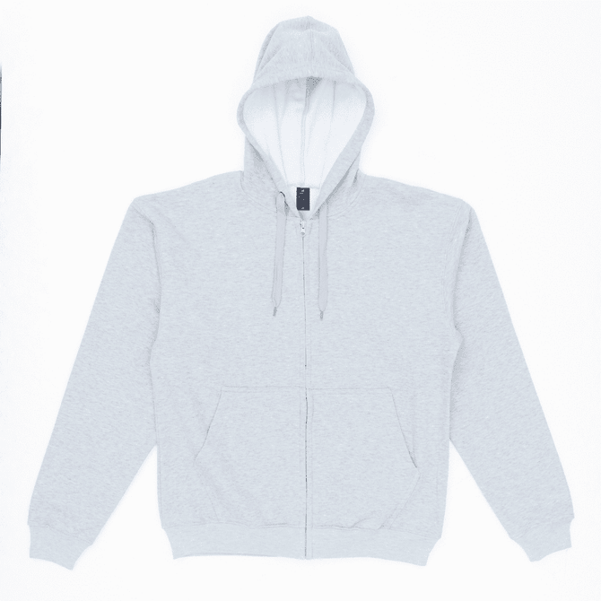 A light grey zip-up hoodie featuring a hood and front pockets, with a small logo on the inside.